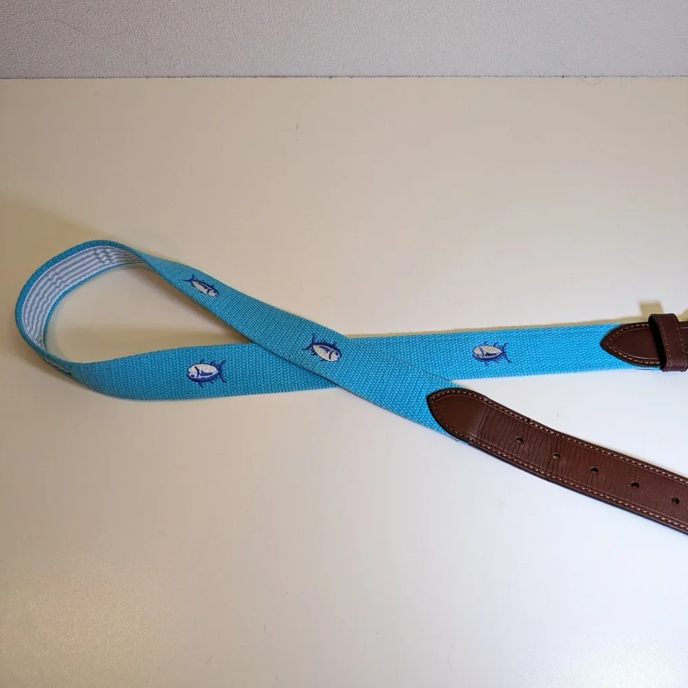Southern Tide Skipjack Fish Belt Mens 38 Aqua Blue Canvas Leather Preppy Coastal